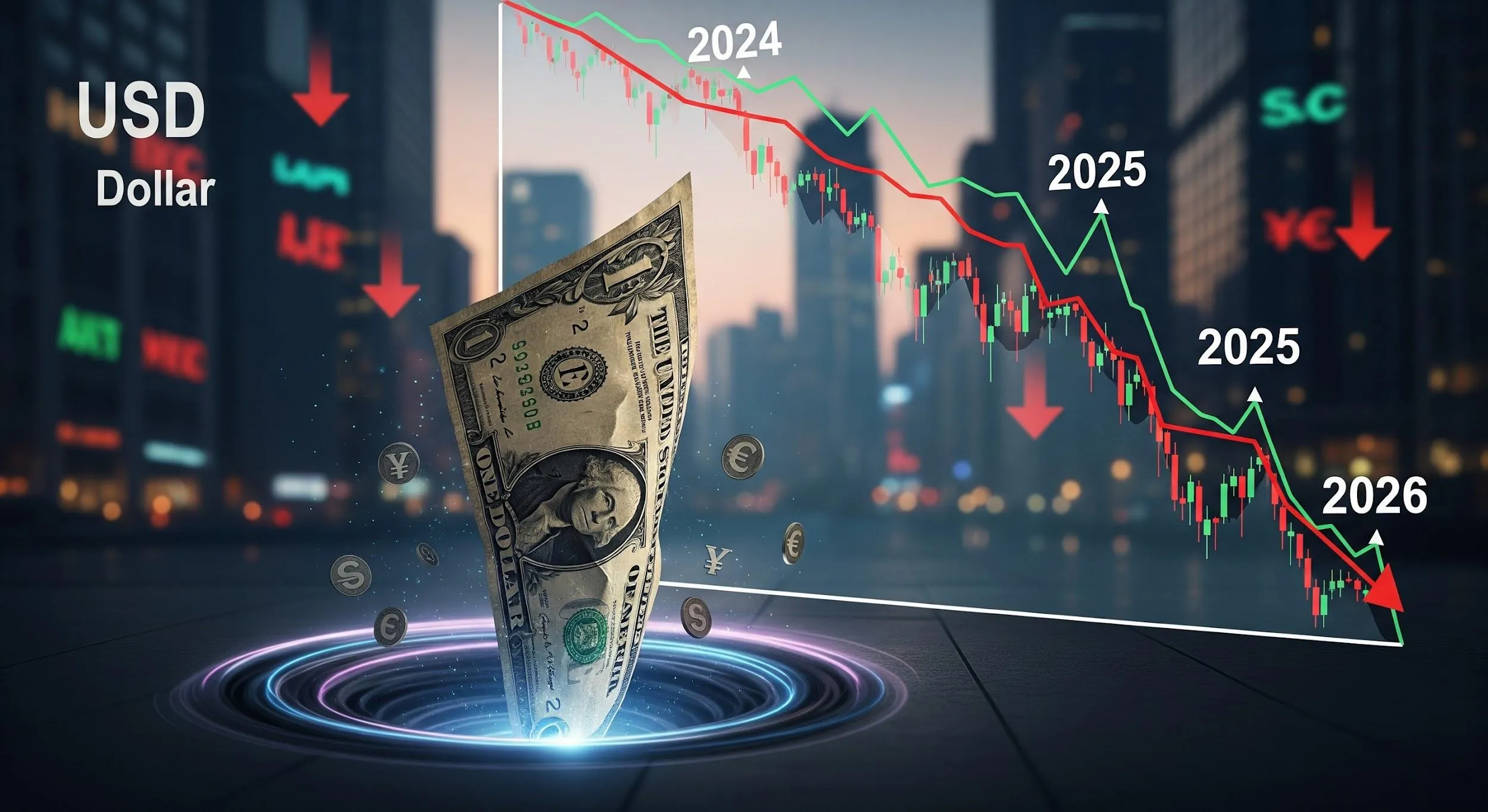 Dollaro in forte calo nel 2025: Fed, politica e mercati spingono verso un 2026 debole
